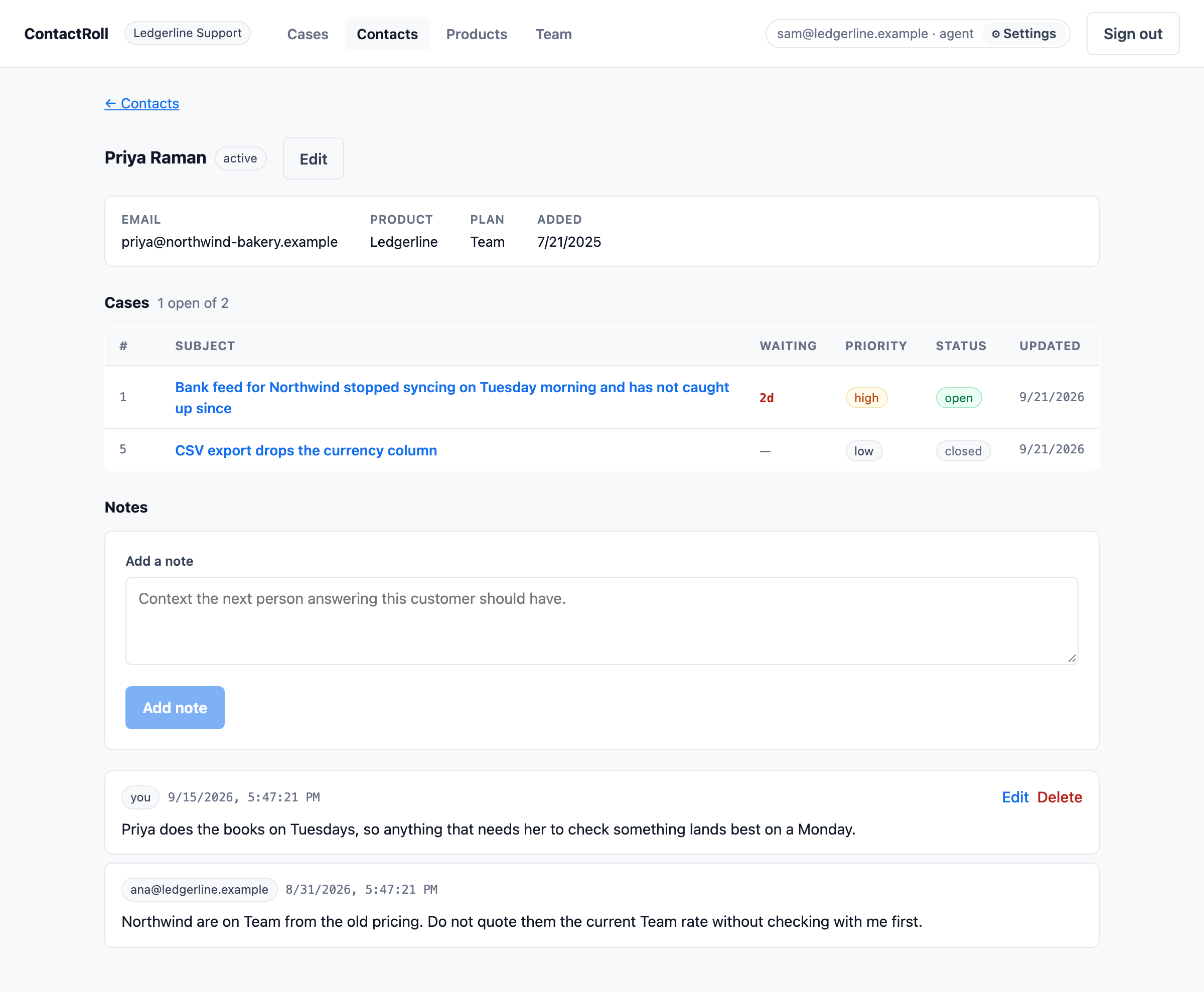 Priya Raman's page. Her email address, product and plan tier across the top, the cases she has raised beneath that, and two notes underneath — one written by the person looking at the screen, which offers Edit and Delete, and one by a colleague, which offers neither.